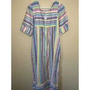Seersucker House Dress Muu Muu Pastel Striped 80s Vintage Sz Small Zip up